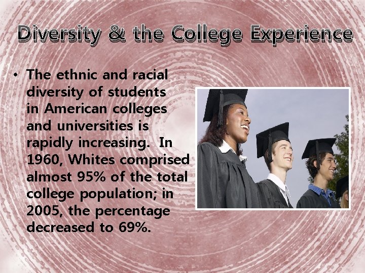 Diversity & the College Experience • The ethnic and racial diversity of students in