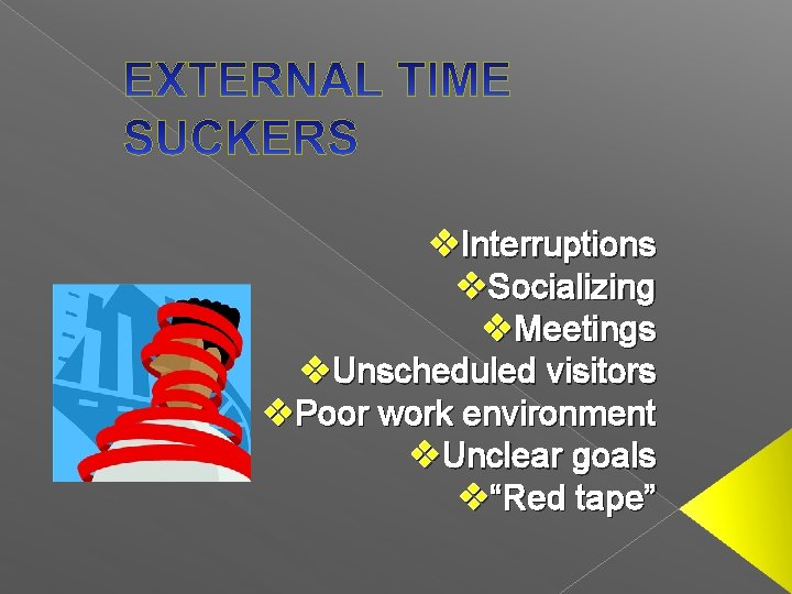 v. Interruptions v. Socializing v. Meetings v. Unscheduled visitors v. Poor work environment v.