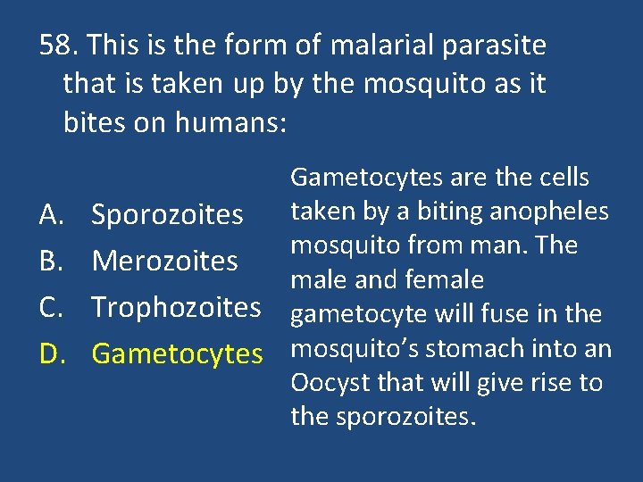 58. This is the form of malarial parasite that is taken up by the