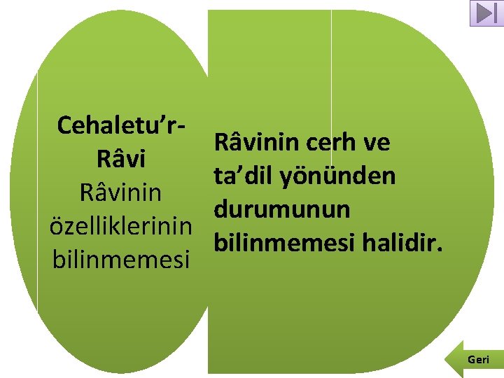 Cehaletu’r. Râvinin özelliklerinin bilinmemesi Râvinin cerh ve ta’dil yönünden durumunun bilinmemesi halidir. Geri 