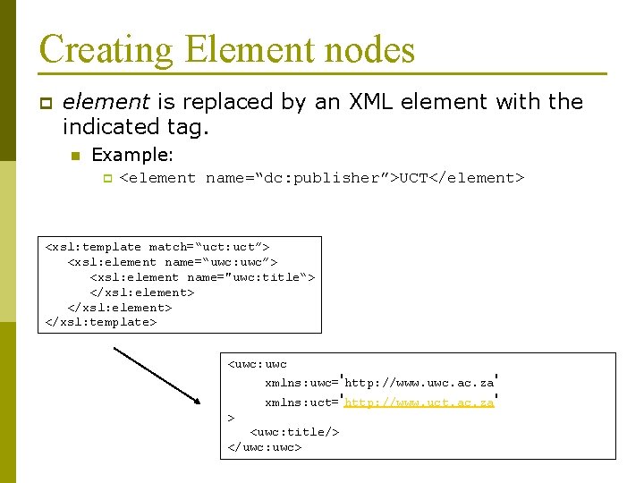 Creating Element nodes p element is replaced by an XML element with the indicated