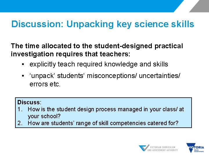 Discussion: Unpacking key science skills The time allocated to the student-designed practical investigation requires