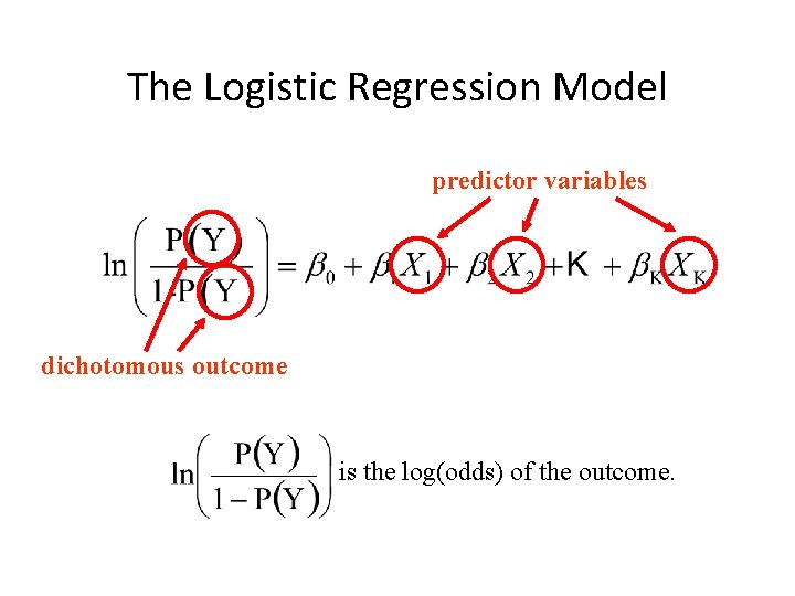 The Logistic Regression Model predictor variables dichotomous outcome is the log(odds) of the outcome. The Logistic Regression Model predictor variables dichotomous outcome is the log(odds) of the outcome.
