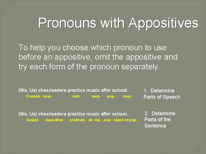 Pronouns with Appositives � To help you choose which pronoun to use before an