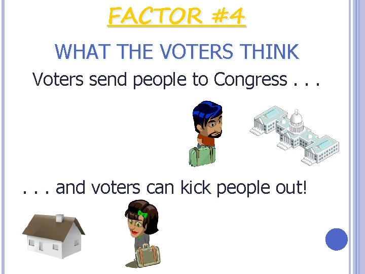 FACTOR #4 WHAT THE VOTERS THINK Voters send people to Congress. . . and