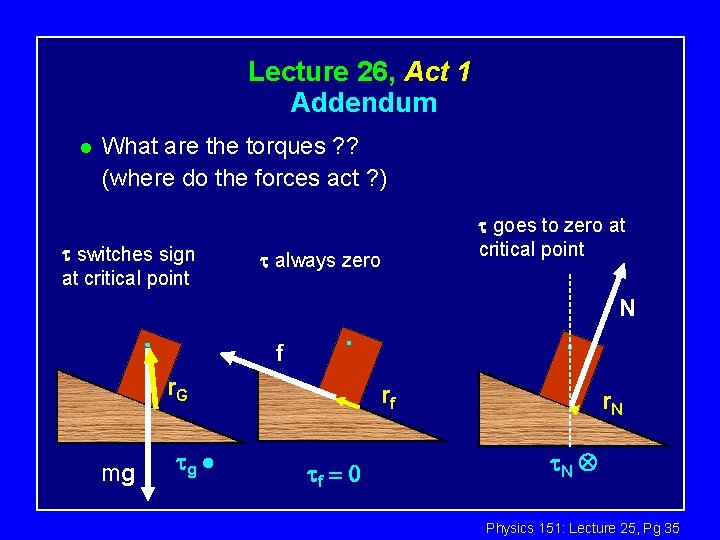 Lecture 26, Act 1 Addendum l What are the torques ? ? (where do