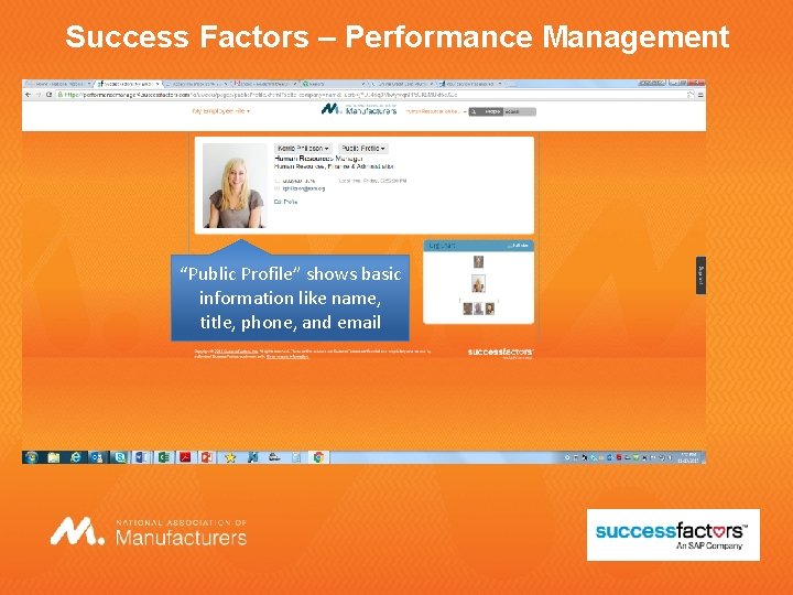 Success Factors – Performance Management “Public Profile” shows basic information like name, title, phone,