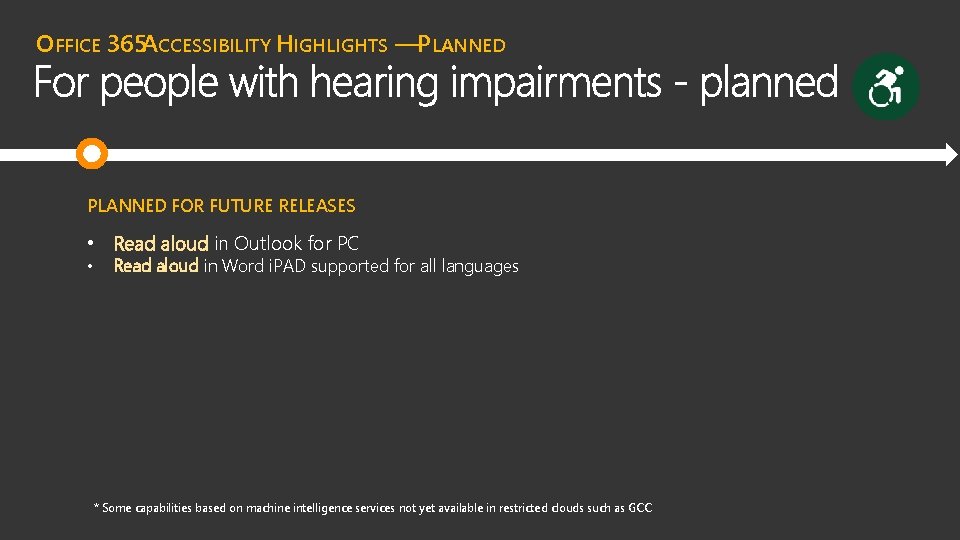 OFFICE 365 ACCESSIBILITY HIGHLIGHTS —PLANNED FOR FUTURE RELEASES • Read aloud in Outlook for