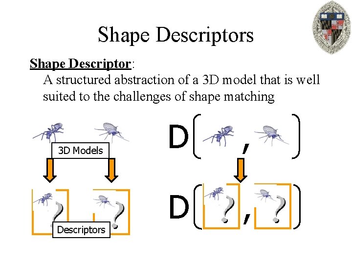 Shape Descriptors Shape Descriptor: A structured abstraction of a 3 D model that is