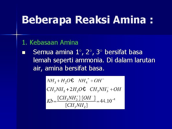 Beberapa Reaksi Amina : 1. Kebasaan Amina n Semua amina 1 , 2 ,