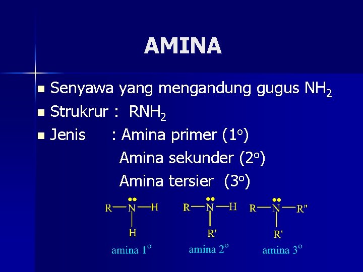 AMINA Senyawa yang mengandung gugus NH 2 n Strukrur : RNH 2 n Jenis