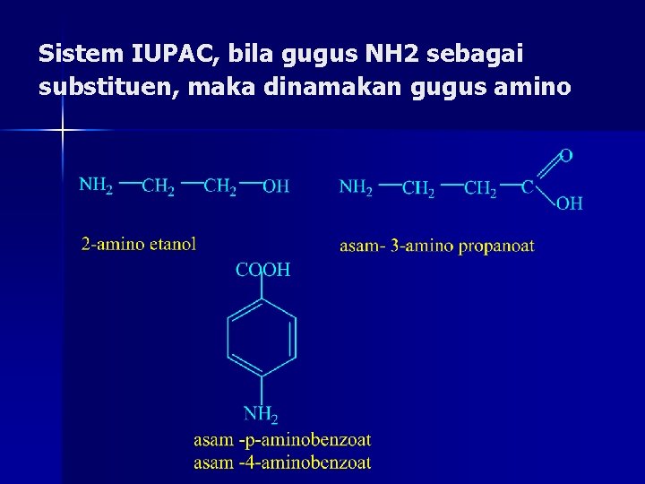 Sistem IUPAC, bila gugus NH 2 sebagai substituen, maka dinamakan gugus amino 