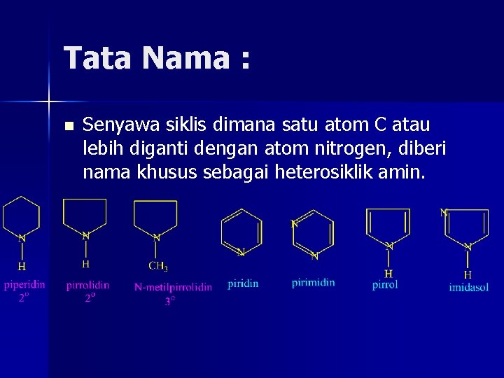 Tata Nama : n Senyawa siklis dimana satu atom C atau lebih diganti dengan