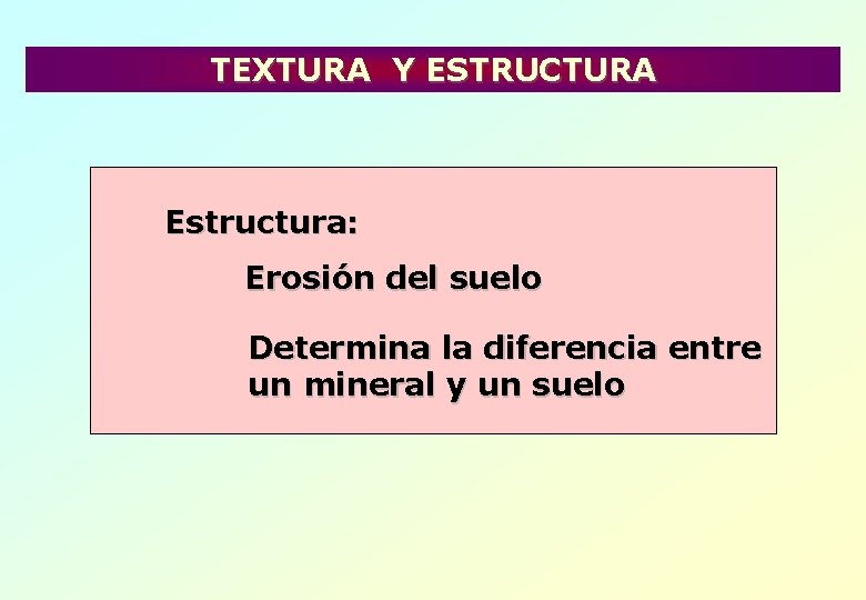 TEXTURA Y ESTRUCTURA Estructura: Erosión del suelo Determina la diferencia entre un mineral y