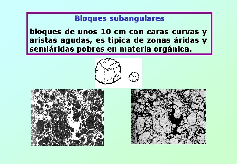 Bloques subangulares bloques de unos 10 cm con caras curvas y aristas agudas, es