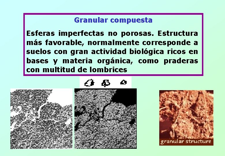 Granular compuesta Esferas imperfectas no porosas. Estructura más favorable, normalmente corresponde a suelos con