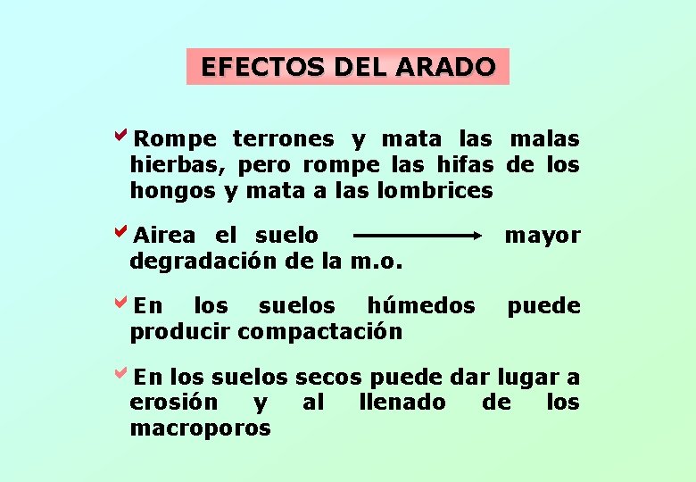 EFECTOS DEL ARADO Rompe terrones y mata las malas hierbas, pero rompe las hifas