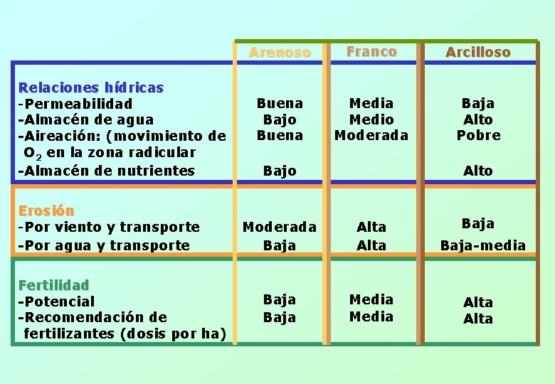 Relaciones hídricas -Permeabilidad -Almacén de agua -Aireación: (movimiento de O 2 en la zona