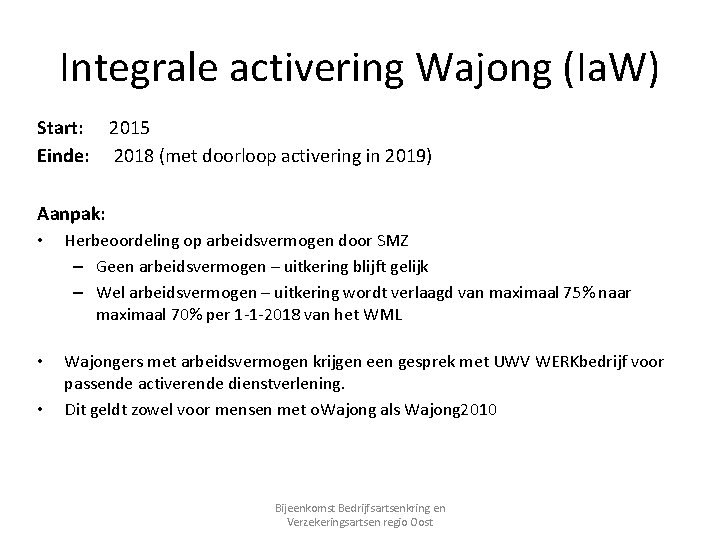 Integrale activering Wajong (Ia. W) Start: Einde: 2015 2018 (met doorloop activering in 2019)