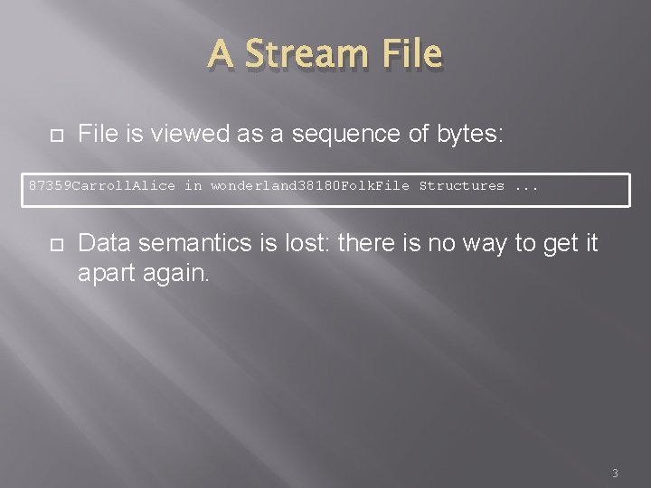 A Stream File is viewed as a sequence of bytes: 87359 Carroll. Alice in