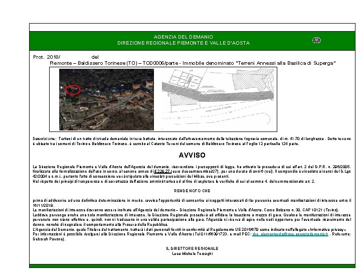 AGENZIA DEL DEMANIO DIREZIONE REGIONALE PIEMONTE E VALLE D’AOSTA Prot. 2018/ del Piemonte –