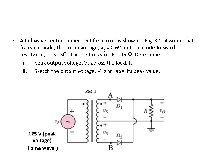  • A full-wave center-tapped rectifier circuit is shown in Fig. 3. 1. Assume