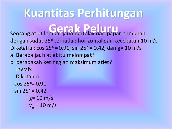 Kuantitas Perhitungan Gerak Peluru Seorang atlet lompat jauh bertolak dari papan tumpuan dengan sudut