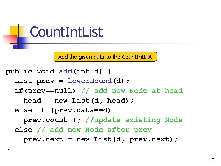 Count. Int. List Add the given data to the Count. Int. List public void