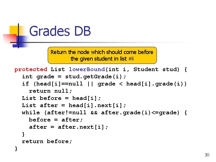 Grades DB Return the node which should come before the given student in list