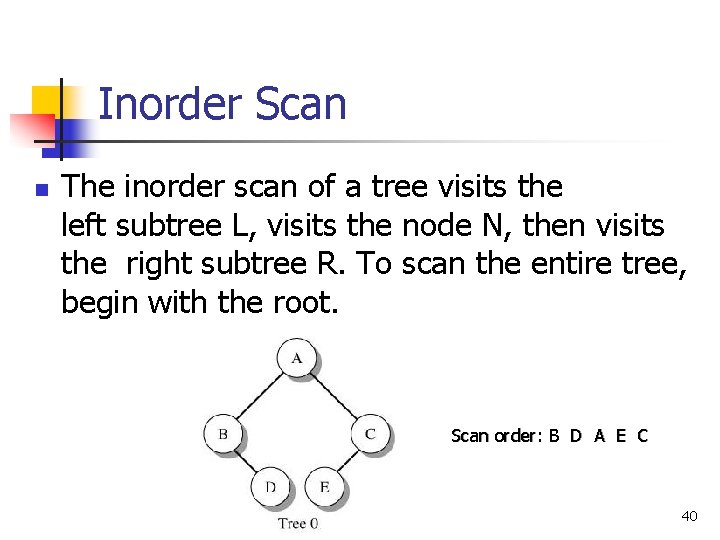 Inorder Scan n The inorder scan of a tree visits the left subtree L,