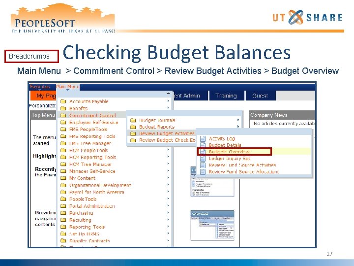 Breadcrumbs Checking Budget Balances Main Menu > Commitment Control > Review Budget Activities >