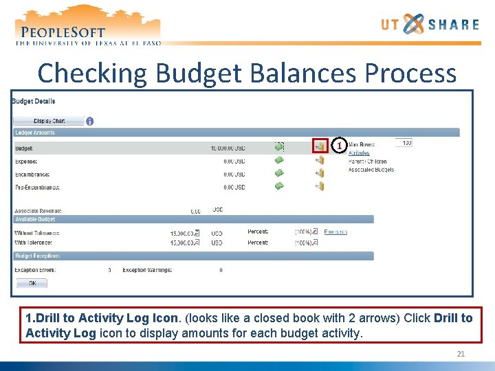 Checking Budget Balances Process 1 1. Drill to Activity Log Icon. (looks like a