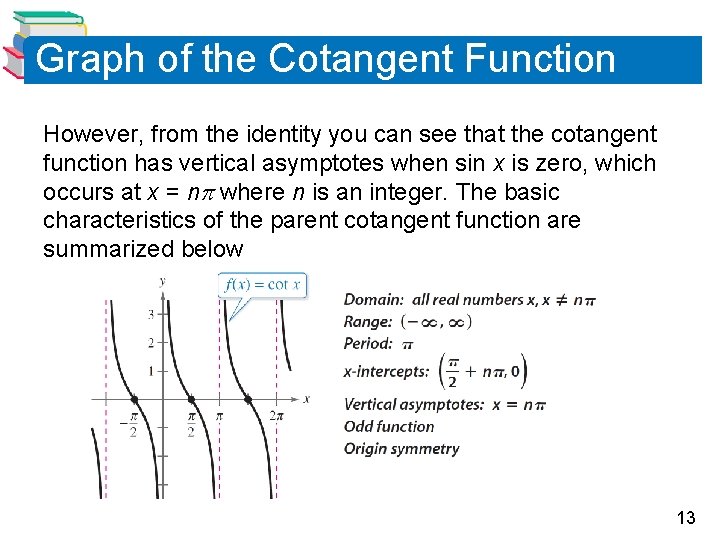 Graph of the Cotangent Function However, from the identity you can see that the