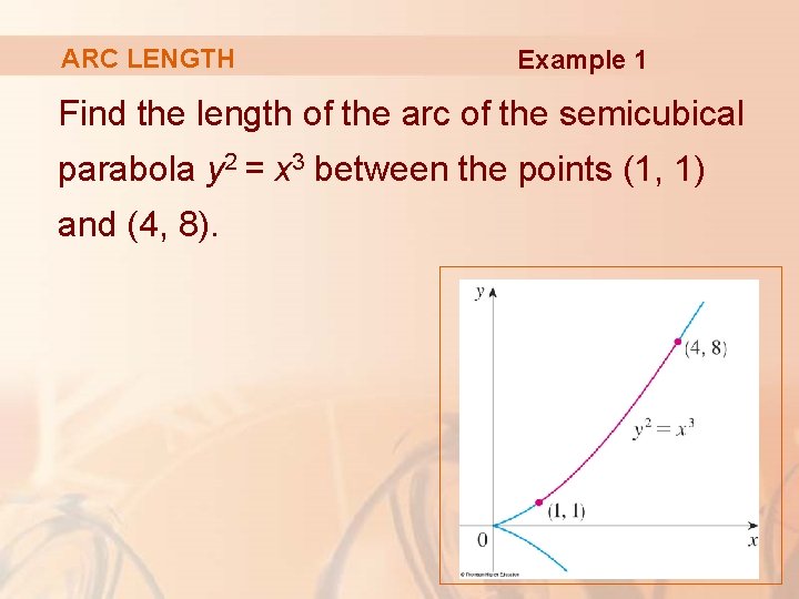 ARC LENGTH Example 1 Find the length of the arc of the semicubical parabola