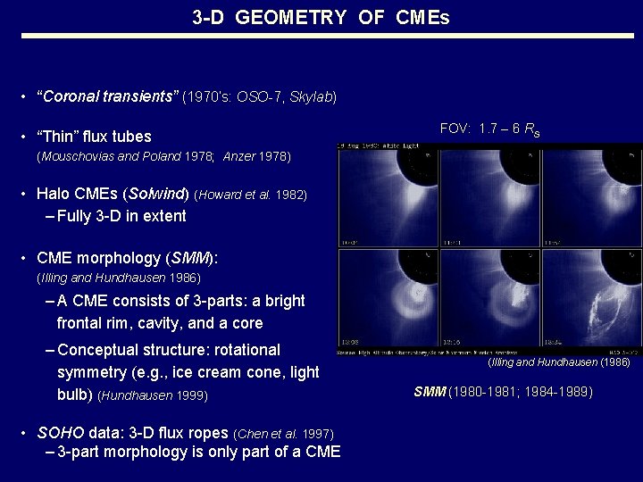 3 -D GEOMETRY OF CMEs • “Coronal transients” (1970’s: OSO-7, Skylab) • “Thin” flux