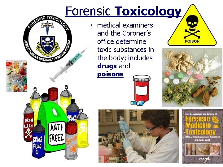 Forensic Toxicology • medical examiners and the Coroner’s office determine toxic substances in the