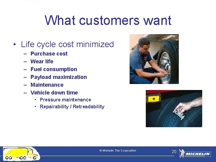 What customers want • Life cycle cost minimized – – – Purchase cost Wear