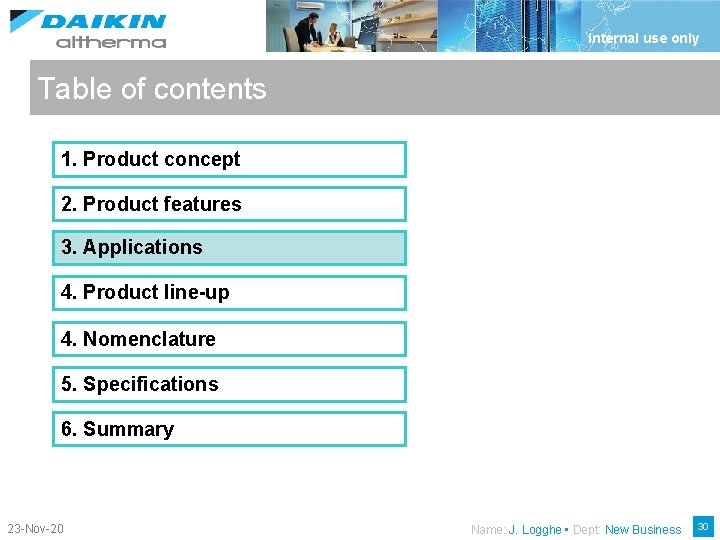 Internal use only Table of contents 1. Product concept 2. Product features 3. Applications