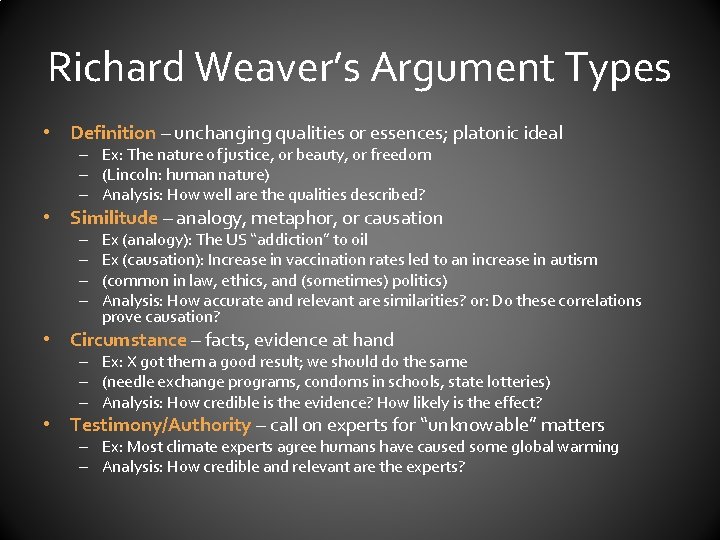 Richard Weaver’s Argument Types • Definition – unchanging qualities or essences; platonic ideal –