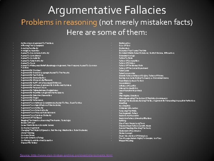 Argumentative Fallacies Problems in reasoning (not merely mistaken facts) Here are some of them: