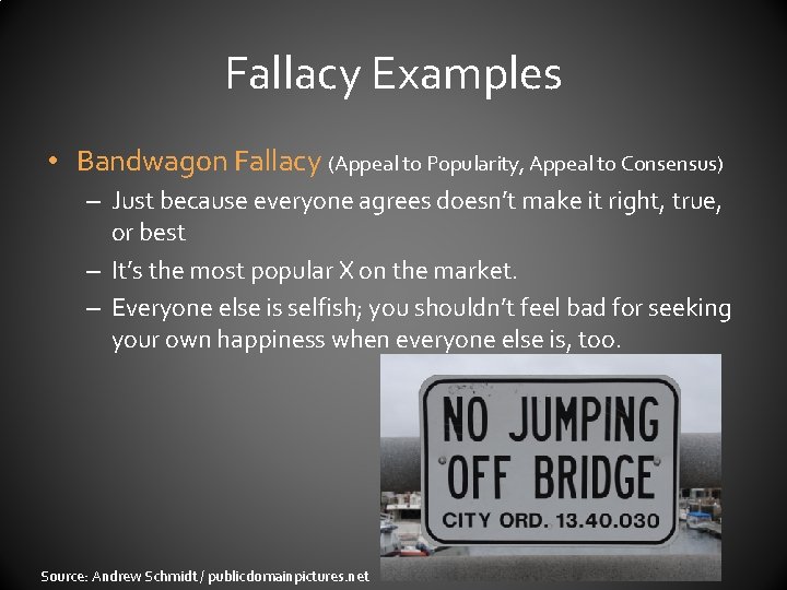 Fallacy Examples • Bandwagon Fallacy (Appeal to Popularity, Appeal to Consensus) – Just because