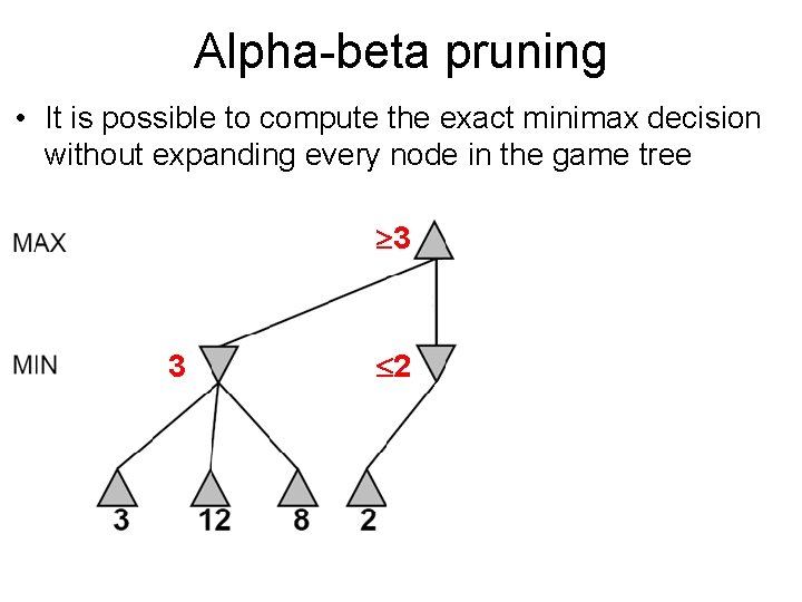 Alpha-beta pruning • It is possible to compute the exact minimax decision without expanding