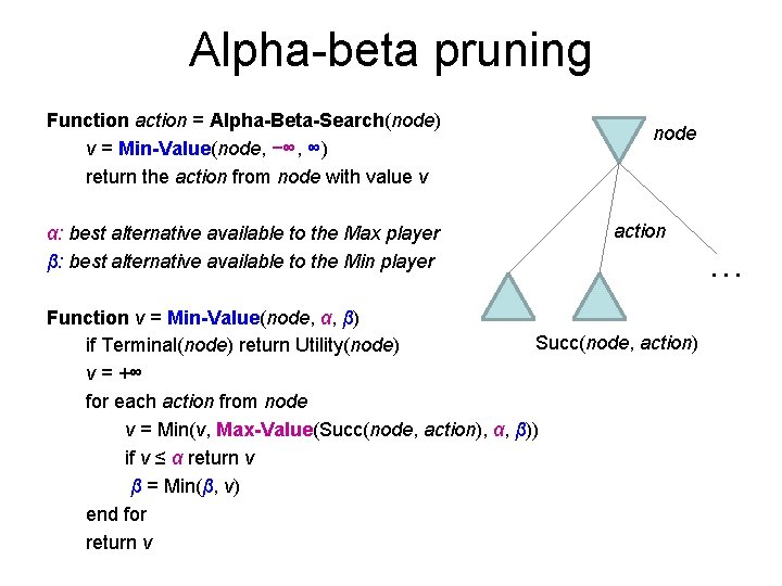 Alpha-beta pruning Function action = Alpha-Beta-Search(node) v = Min-Value(node, −∞, ∞) return the action