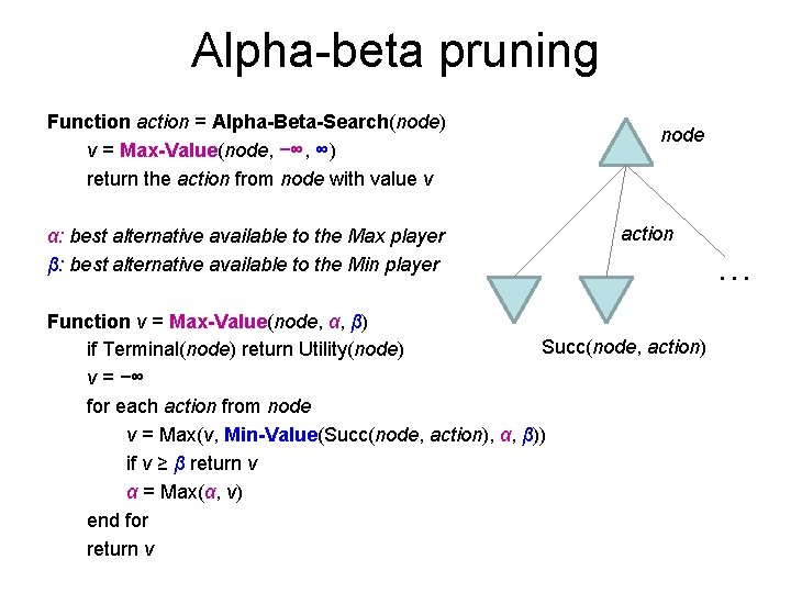 Alpha-beta pruning Function action = Alpha-Beta-Search(node) v = Max-Value(node, −∞, ∞) return the action