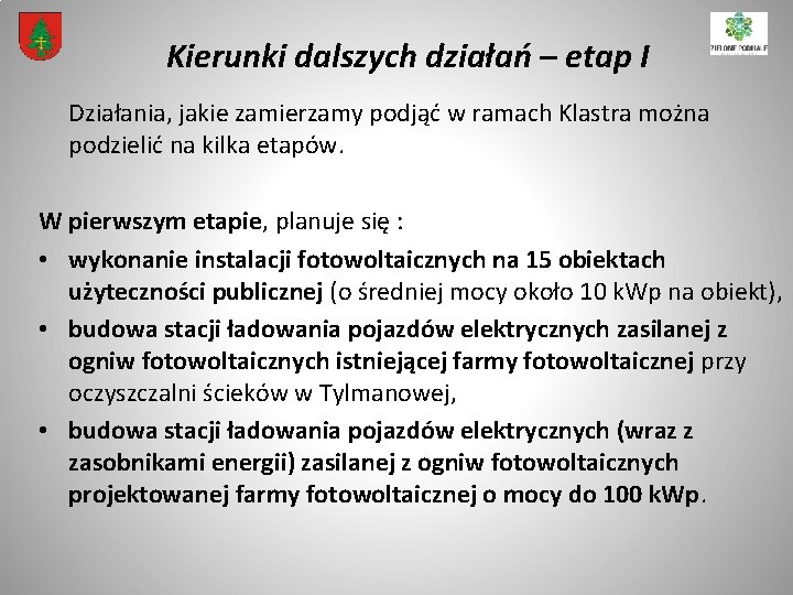 Kierunki dalszych działań – etap I Działania, jakie zamierzamy podjąć w ramach Klastra można