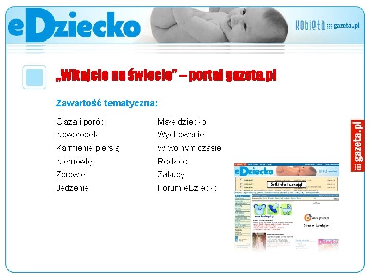 „Witajcie na świecie” – portal gazeta. pl Zawartość tematyczna: 15 Ciąża i poród Małe