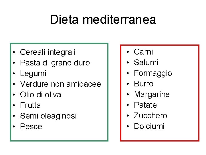 Dieta mediterranea • • Cereali integrali Pasta di grano duro Legumi Verdure non amidacee