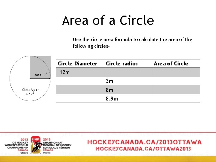 Area of a Circle Use the circle area formula to calculate the area of