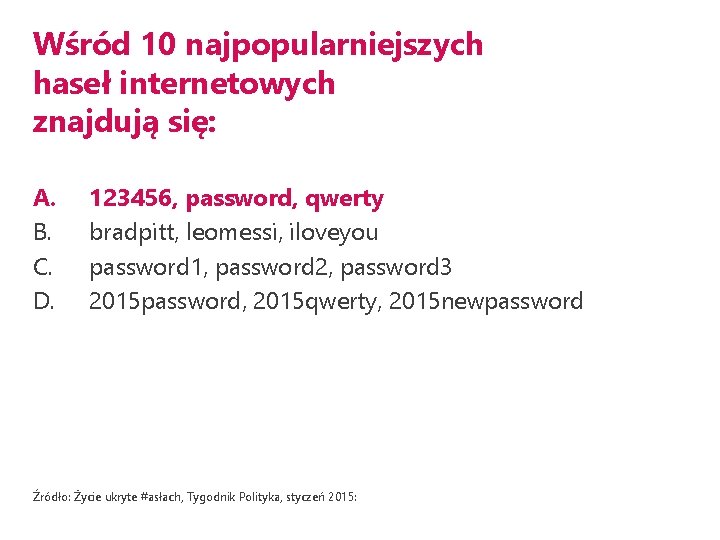 Wśród 10 najpopularniejszych haseł internetowych znajdują się: A. B. C. D. 123456, password, qwerty