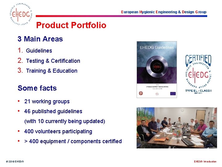 European Hygienic Engineering & Design Group Product Portfolio 3 Main Areas 1. Guidelines 2.